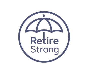 A blue "RetireStrong" logo. There is an umbrella icon whose handle becomes the letter T in retire.
