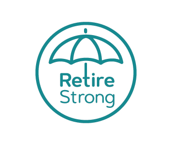 A teal "RetireStrong" logo. There is an umbrella icon whose handle becomes the letter T in retire.