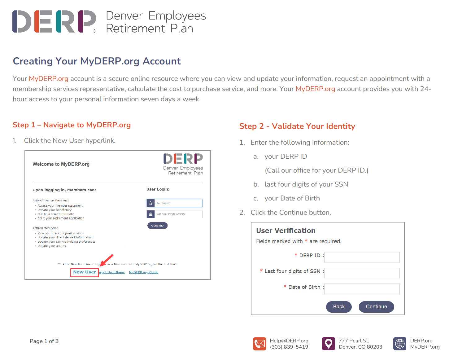 The first page of a document containing the five steps to creating a MyDERP.org account. This page shows steps 1 (Navigate to MyDERP.org) and 2 (Validate your identity)