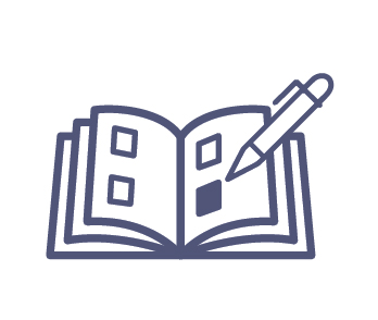 A blue icon of an open book with a pen writing in it