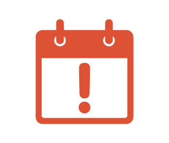 An orange calendar icon with an exclamation point on a white background.