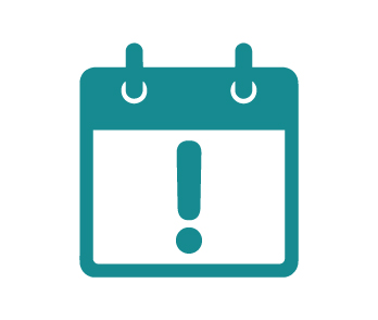 A teal calendar icon with an exclamation point on a white background.