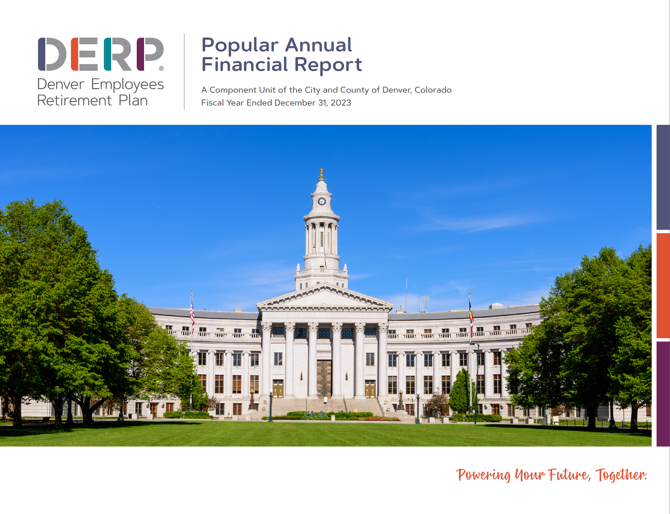 The cover to the DERP 2023 Popular Annual Financial Report show the City and County of Denver building on a sunny spring day. The DERP logo colors are on the right, and the tagline "Powering Futures Together" is at the bottom.