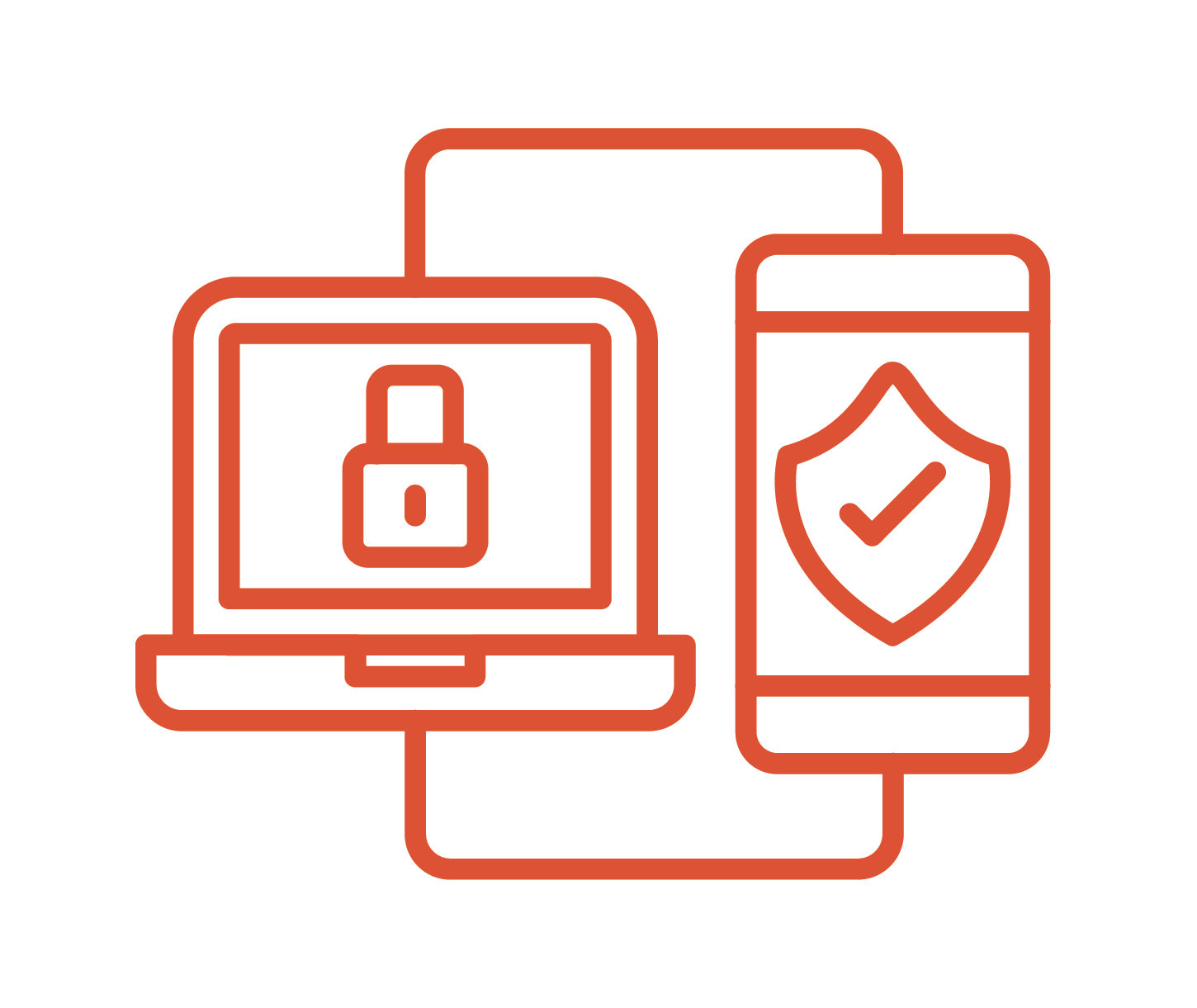 An icon representing multi-factor authentication showing a laptop on the left with a lock on the screen and a phone on the right side with an access confirmed checkmark displayed on the screen