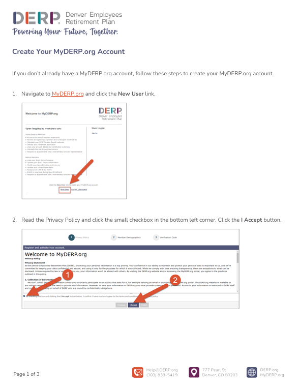 The first page of a document containing the five steps to creating a MyDERP.org account. This page shows steps 1 (Navigate to MyDERP.org) and 2 (Validate your identity)