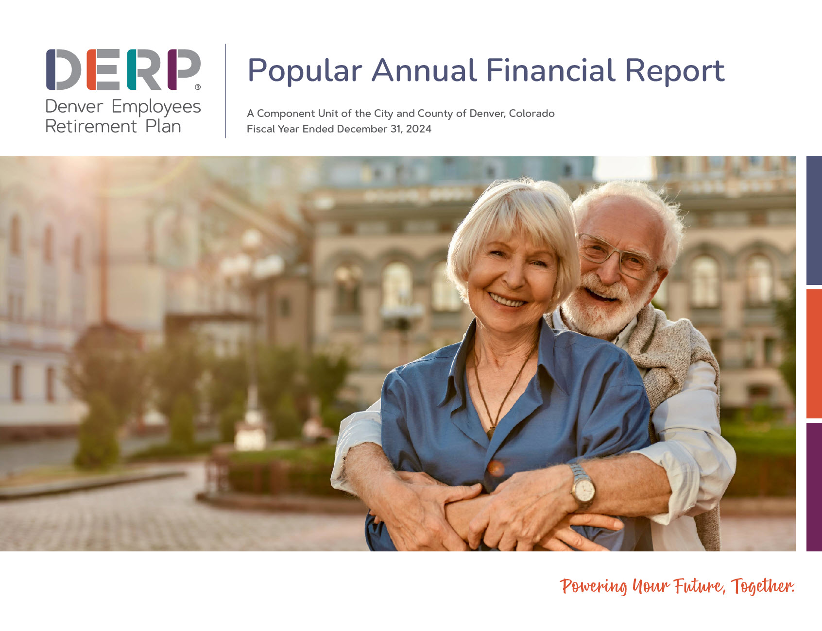 The cover of the 2024 DERP PAFR Report. There is a picture of an older couple hugging and smiling at the camera. There is a Denver Employees Retirement Plan logo in the top left corner. 