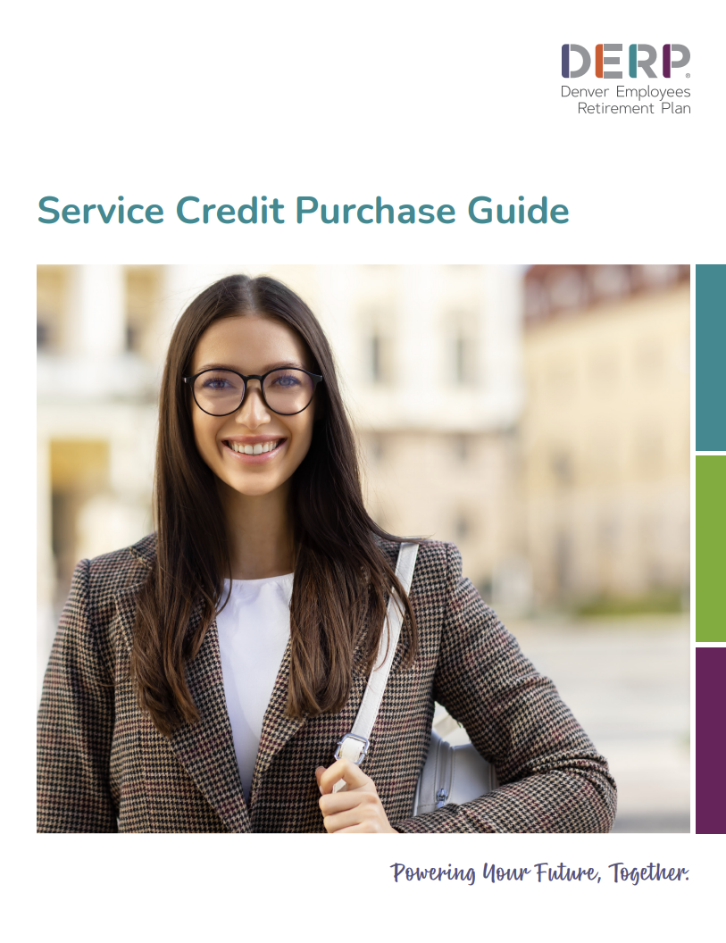 Cover for the DERP Service Credit Purchase Guide. A woman in a blazer holding a purse smiles confidently while looking forward. There is a Denver Employees Retirement Plan logo in the top right corner and the tagline, "Powering Your Future, Together" in the bottom right corner.