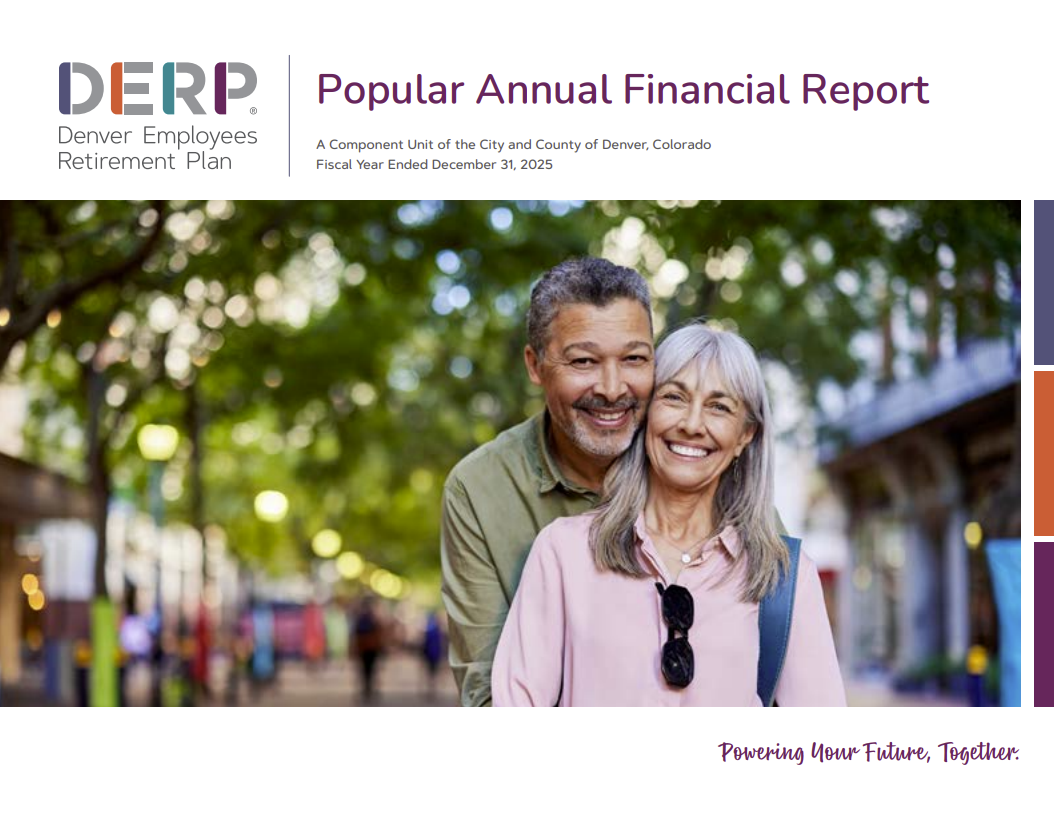 The cover of the 2024 DERP PAFR Report. There is a picture of an older couple hugging and smiling at the camera. There is a Denver Employees Retirement Plan logo in the top left corner. 